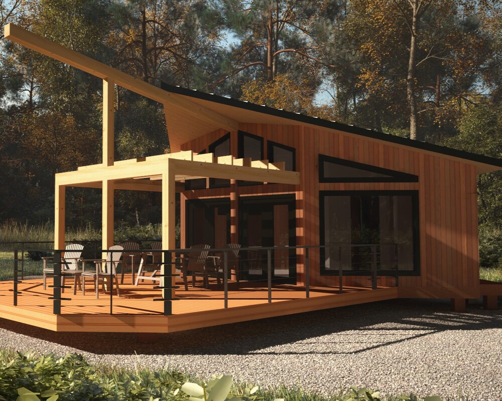3D architectural drawing of glamping cabin design 