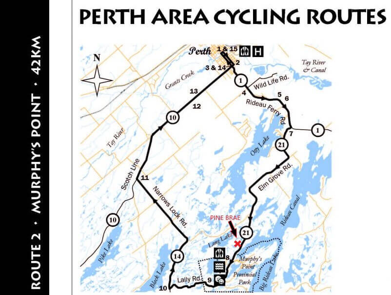 The Pine Brae Eco Resort entrance is conveniently located on the Perth Area Cycling Route
