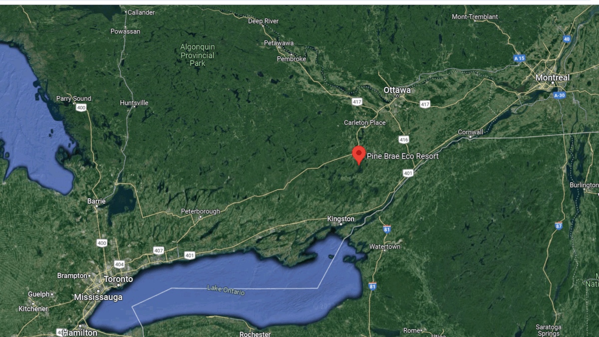 Pine Brae Eco-Resort location relative to the cities of Toronto, Ottawa, and Montreal